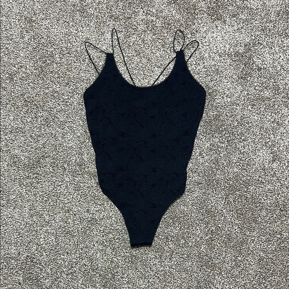 Fabletics black lace bodysuit. NWOT. No size tag, Medium. Hygiene liner intact - Picture 1 of 7
